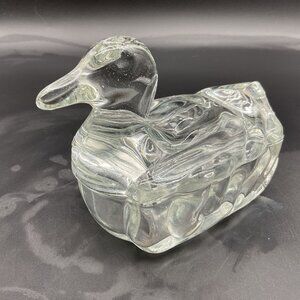 Vintage LE Smith Clear Glass Duck Goose Trinket Box Keepsake Dish 5.5"L x 4.5"H